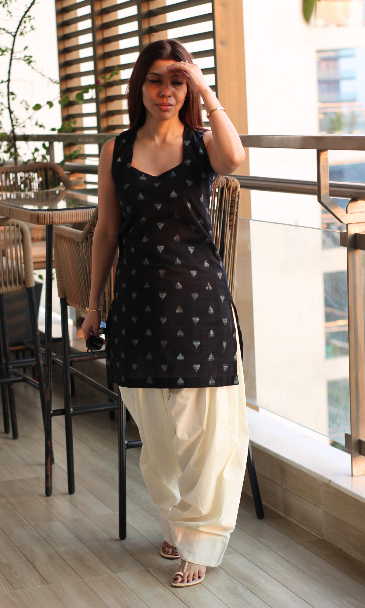 Black Square Neck Ikat Kurta with Cotton Farshi