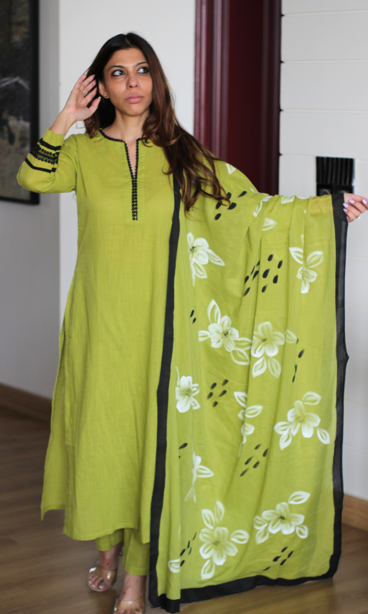 Olive Slub Black Laced Kurta, Pant & Mul Handpainted Dupatta