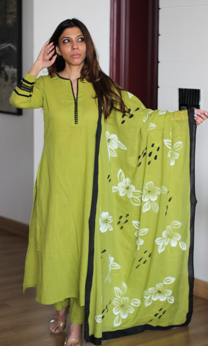 Olive Slub Black Laced Kurta, Pant & Mul Handpainted Dupatta