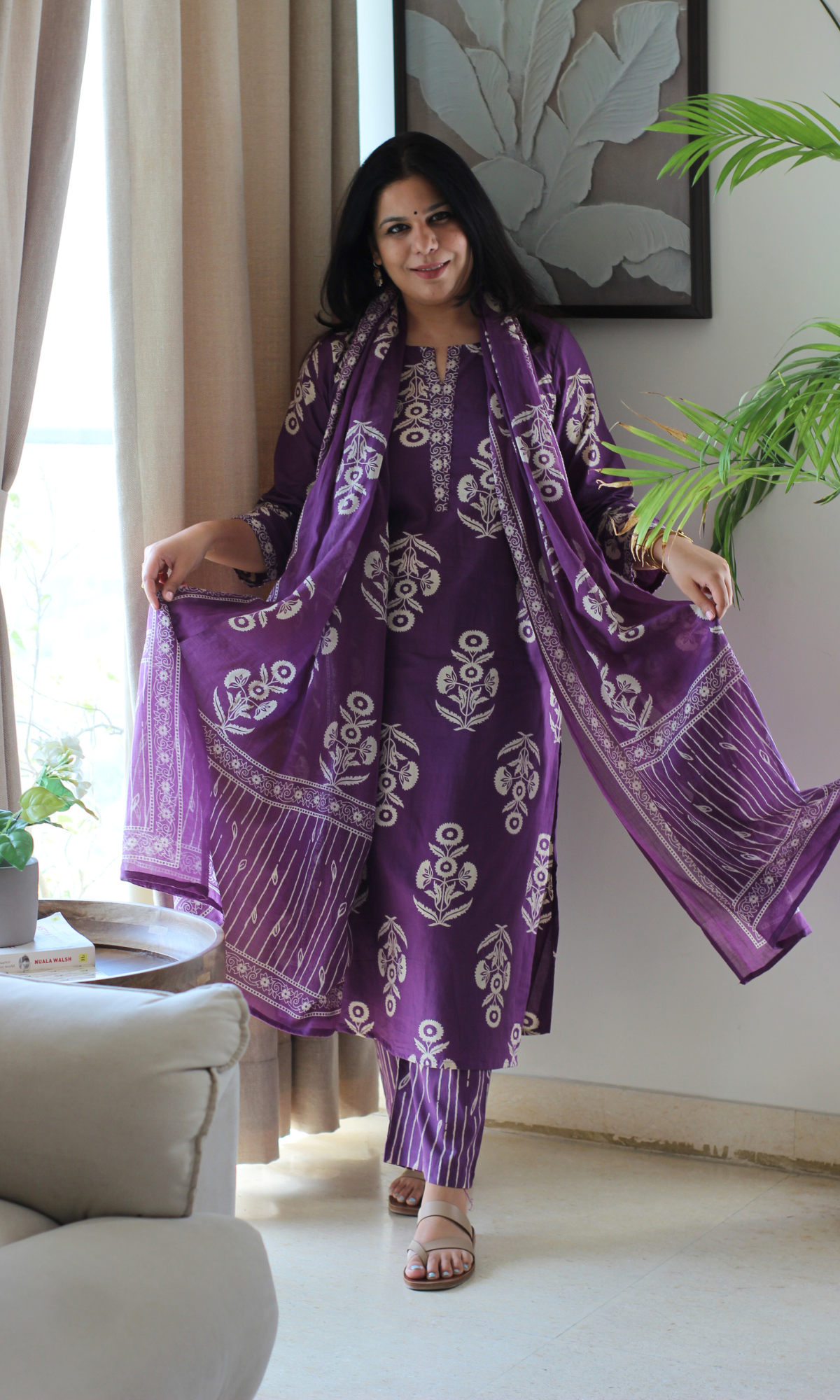 Iris Purple Cotton Mughal Boota Kurta, Dupatta with Printed Pants