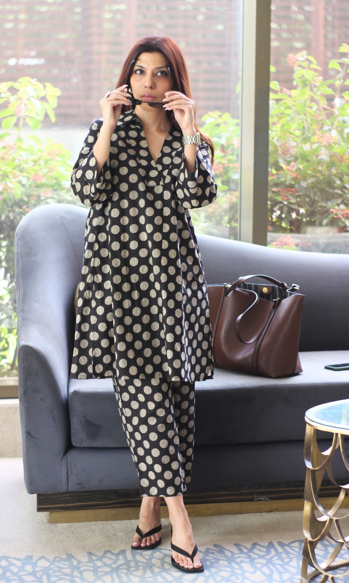 Cotton Moon Dot Black Collared Neck Co-ord