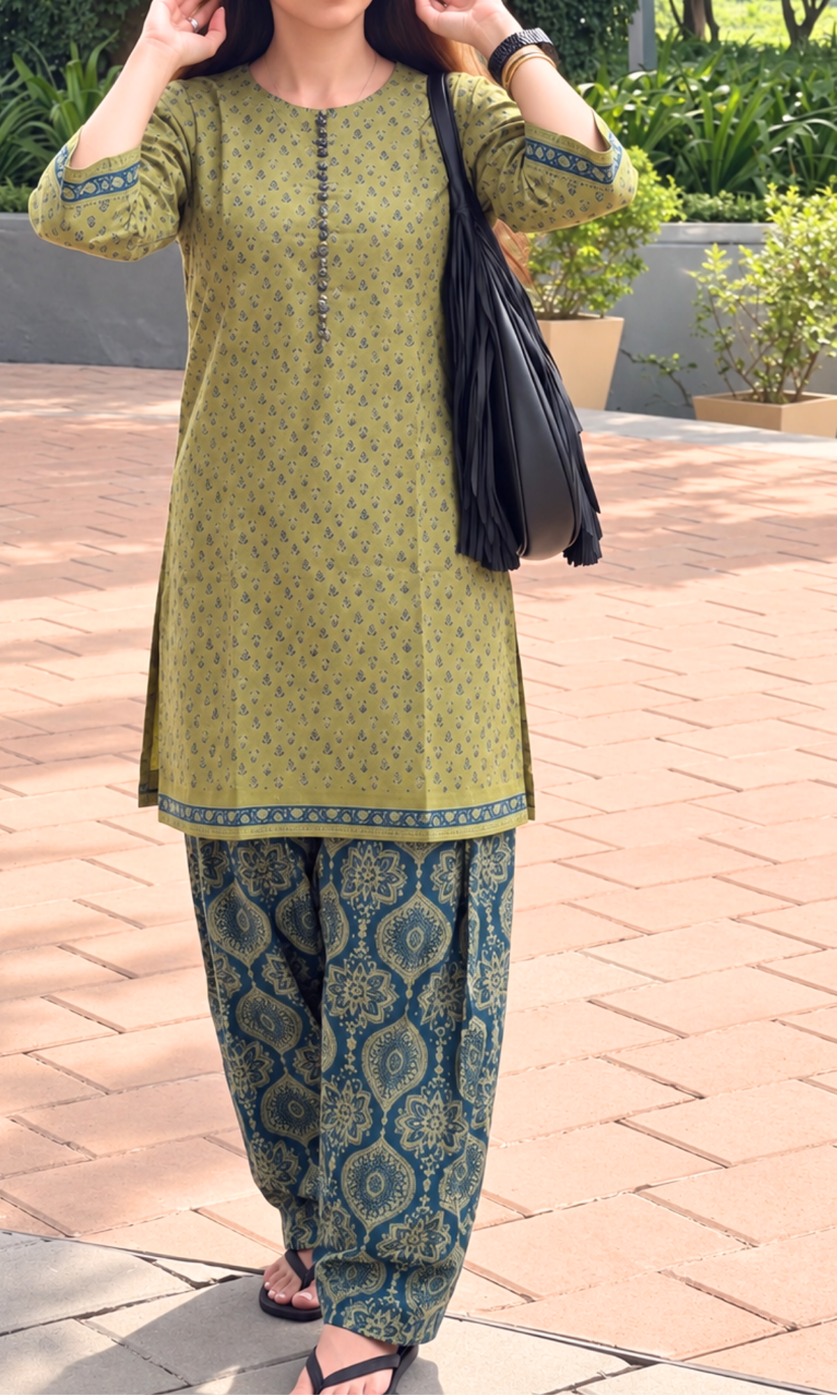 Olive & Blue booti Kurta with Kalamkari Farshi Salwaar
