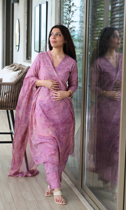 Cotton Dusty Mauve African Shibori Kurta, Chiffon Dupatta & Cotton Pants
