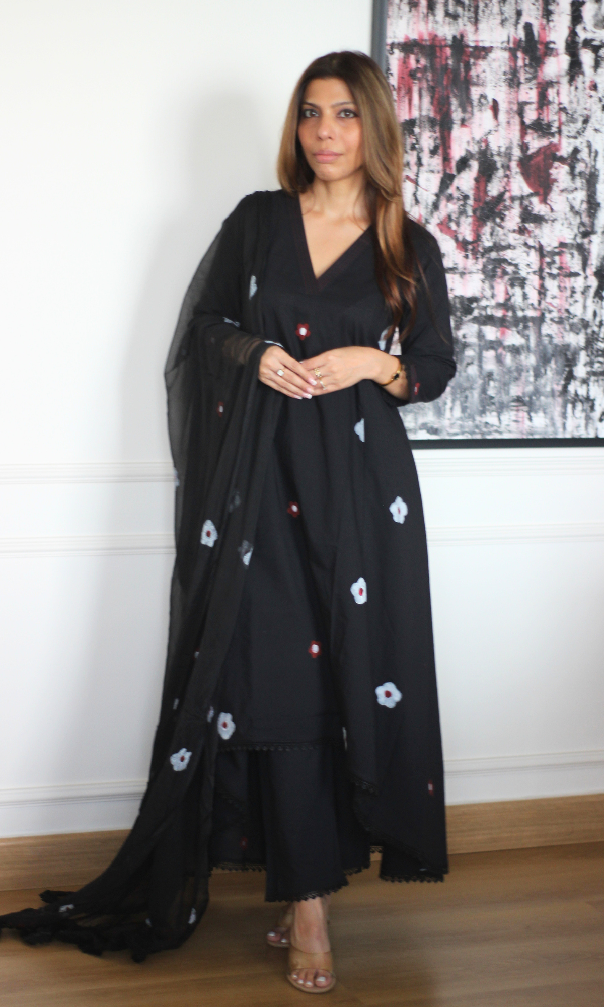Florence Black A line Kurta with lace , Cotton Pants & Chiffon handpainted dupatta