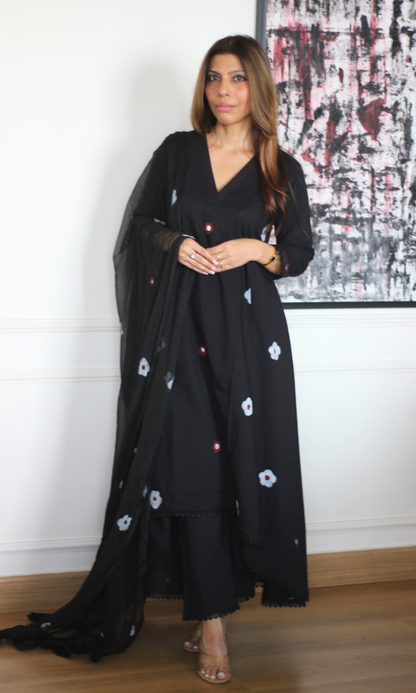 Florence Black A line Kurta with lace , Cotton Pants & Chiffon handpainted dupatta