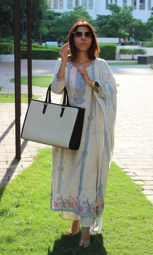 Linen Blend Off White Woven Kurta , Dupatta & Linen Blend Pants