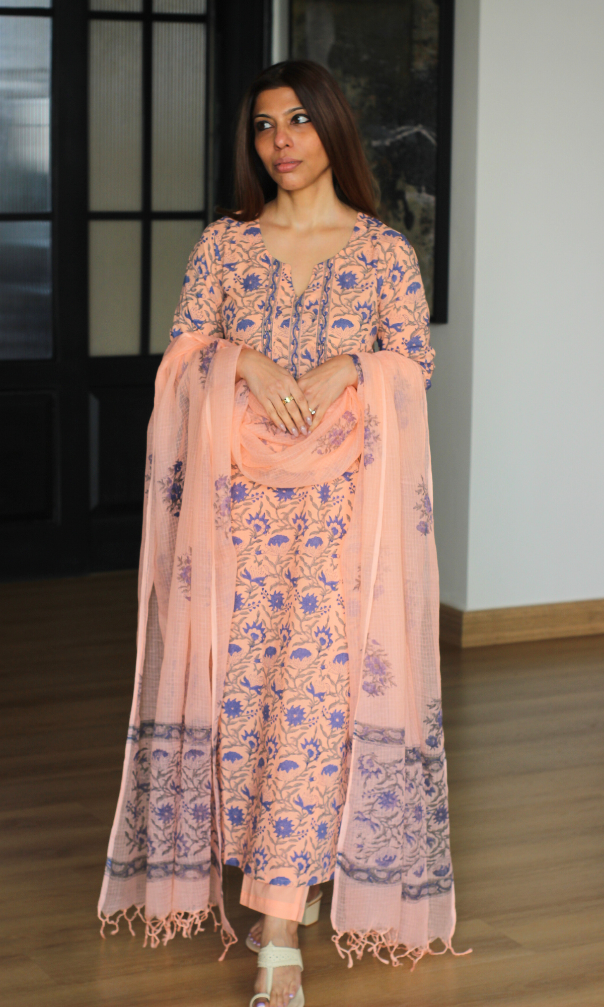 Peach Aabshaar Handblock Print Cotton Kurta, Pant & Kota Doria Dupatta