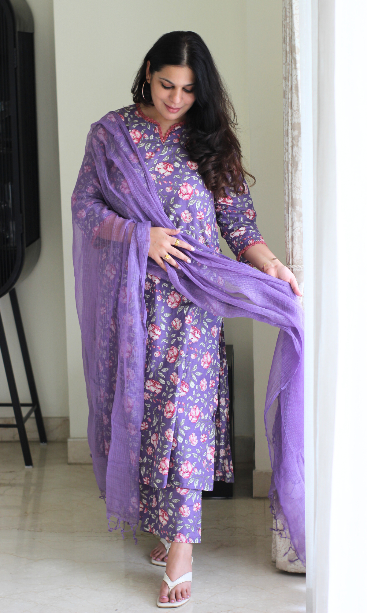 Purple Printed Laced Kurta, Pant with Kota Doria Dupatta