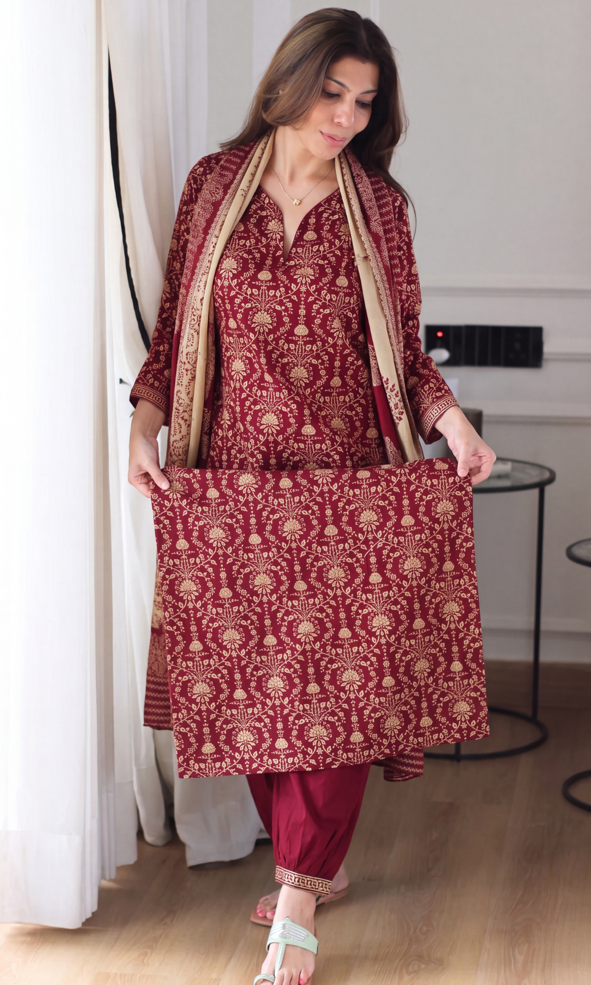 Deep Red Cotton Jal Print Kurta, Afghani pant & Cotton Printed Dupatta