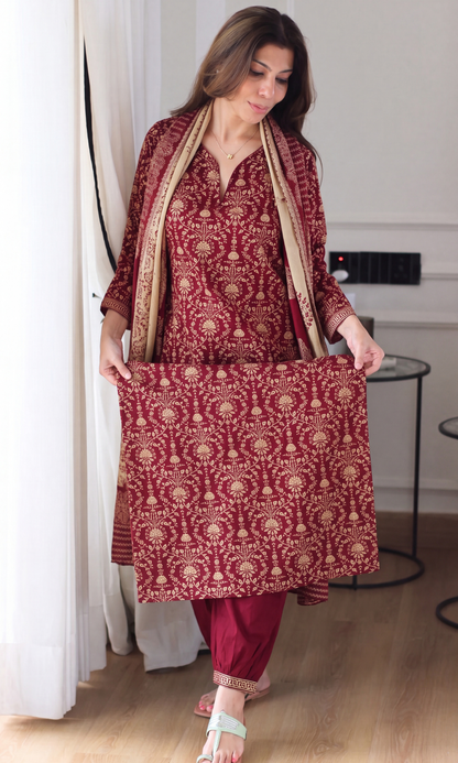 Deep Red Cotton Jal Print Kurta, Afghani pant & Cotton Printed Dupatta