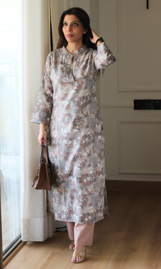 Linen Blend Almond Abstract Flower Kurta with Cotton Pants