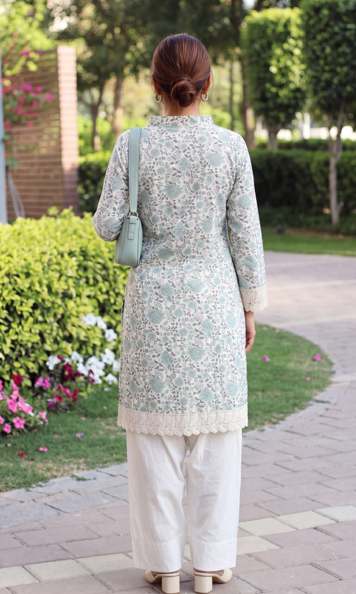 Soft Sage Sukoon Print Kurta with Lace Detailing & Farshi Salwaar