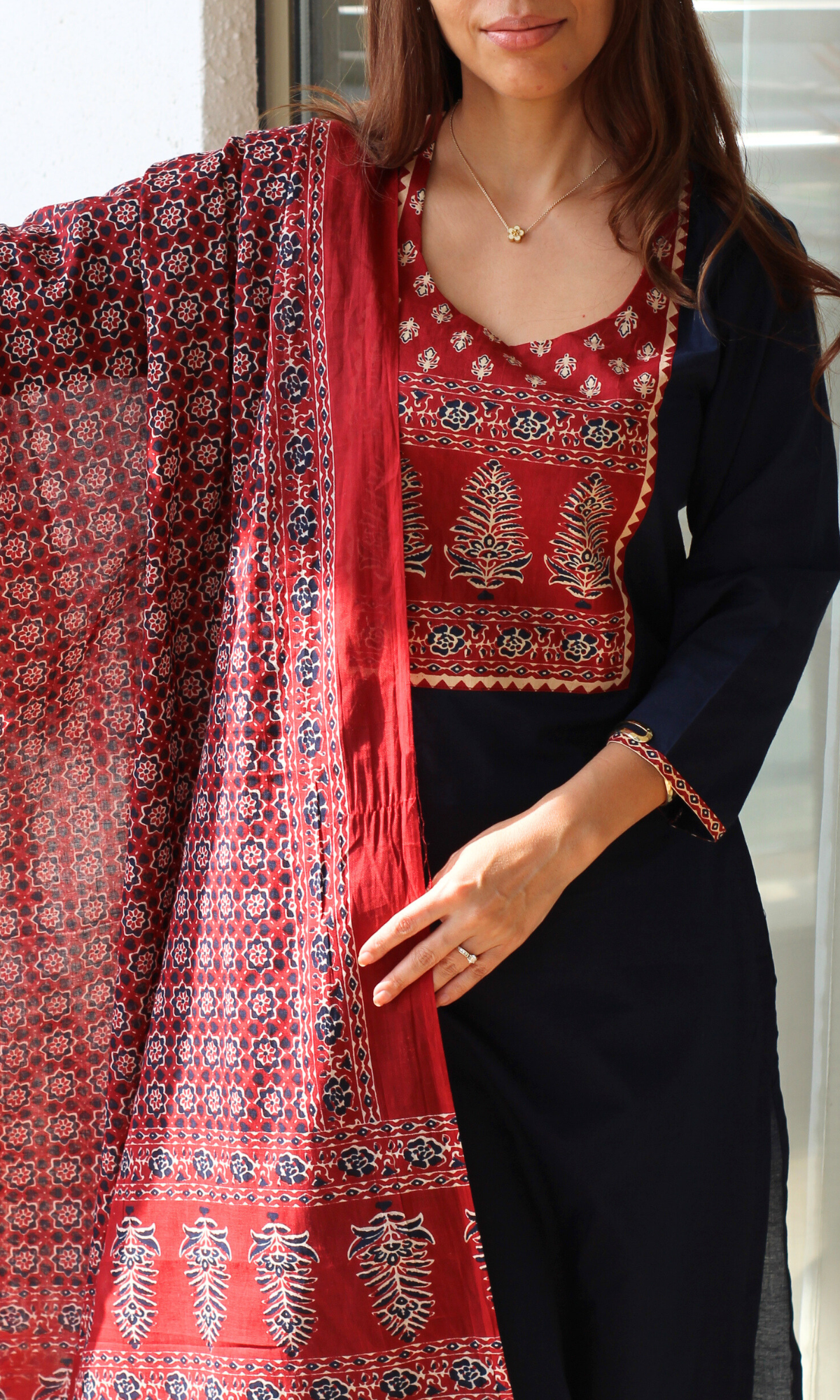 Cotton Blue Ajrakh Motif Neck Kurta, Pant with Printed Dupatta