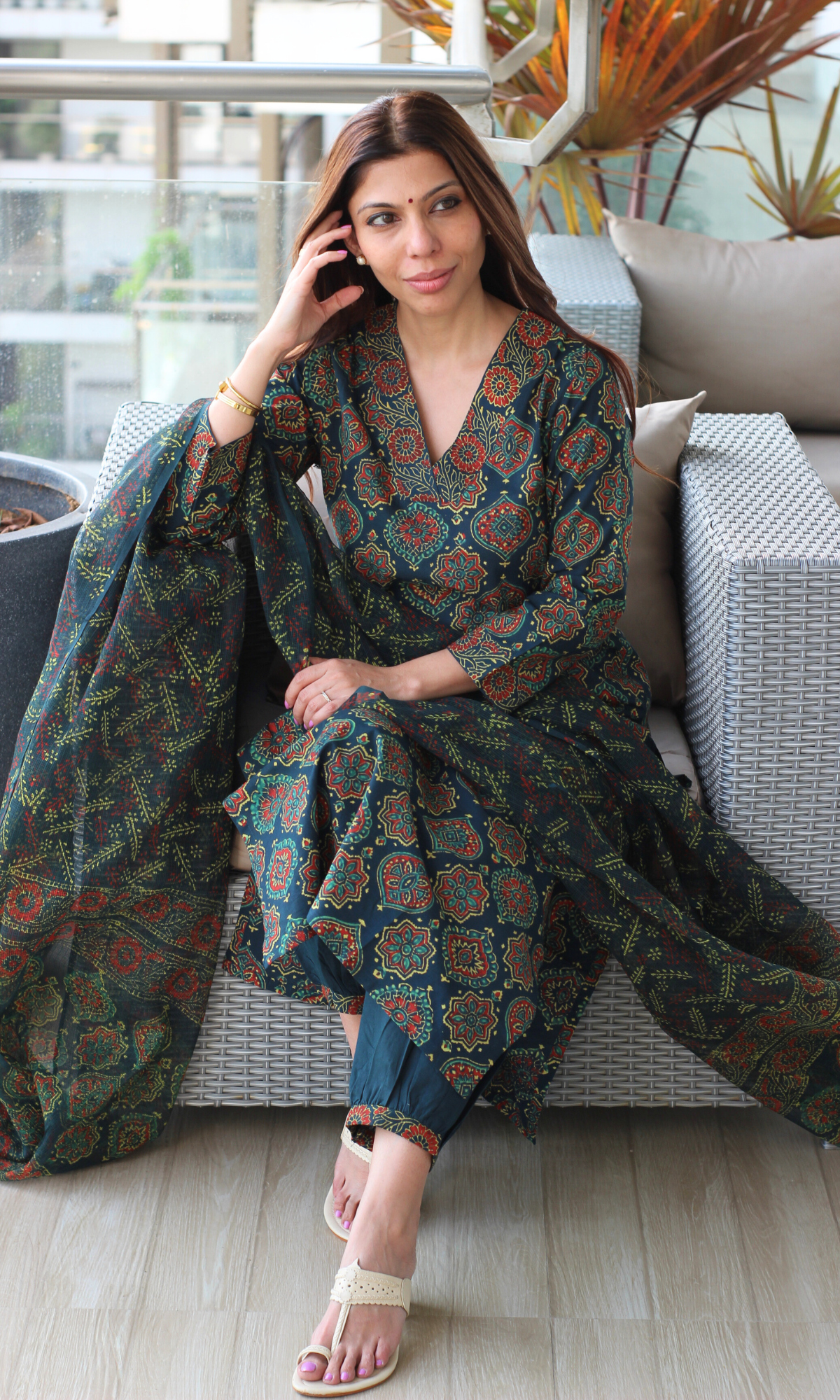 Badmeri Bottle Green Ajrakh Handblock Kurta, Kota Doria Handblock Dupatta & Cotton Afgani Pants