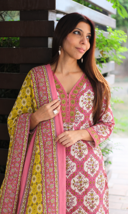 Gulabo Cotton Block Print Kurta, Dupatta & Pants