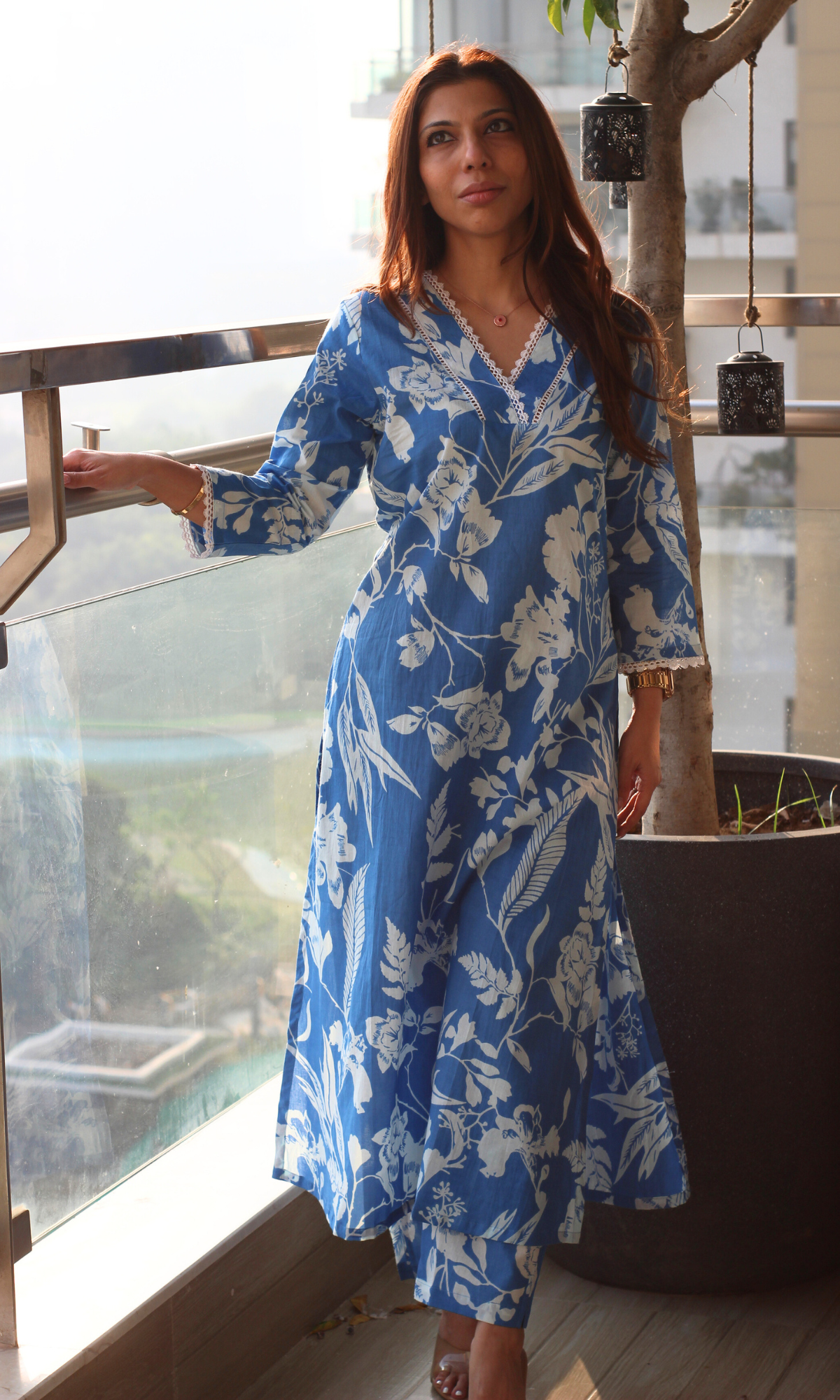 Cotton Sky Blue Printed A Line Kurta  & Pants