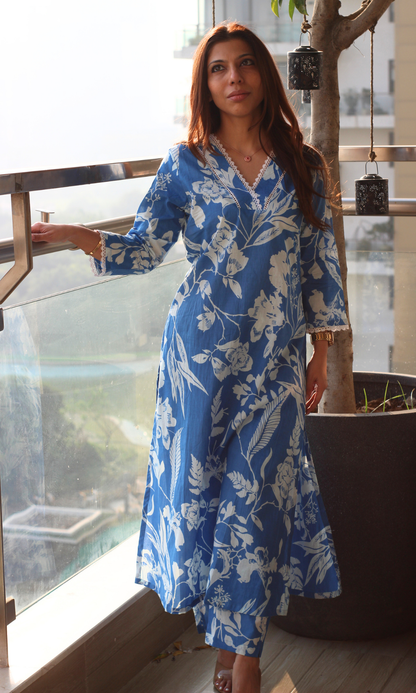 Cotton Sky Blue Printed A Line Kurta  & Pants