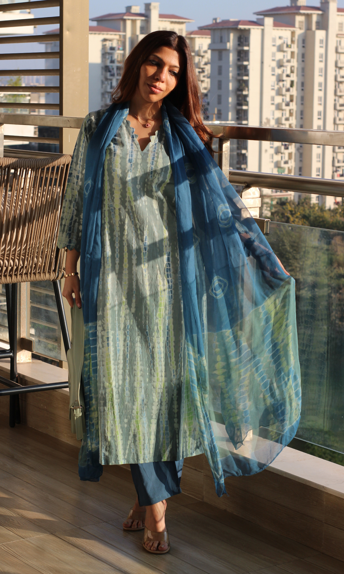 Cotton Sea Blue Green Tie & Dye Kurta, Chiffon Dupatta & Pants