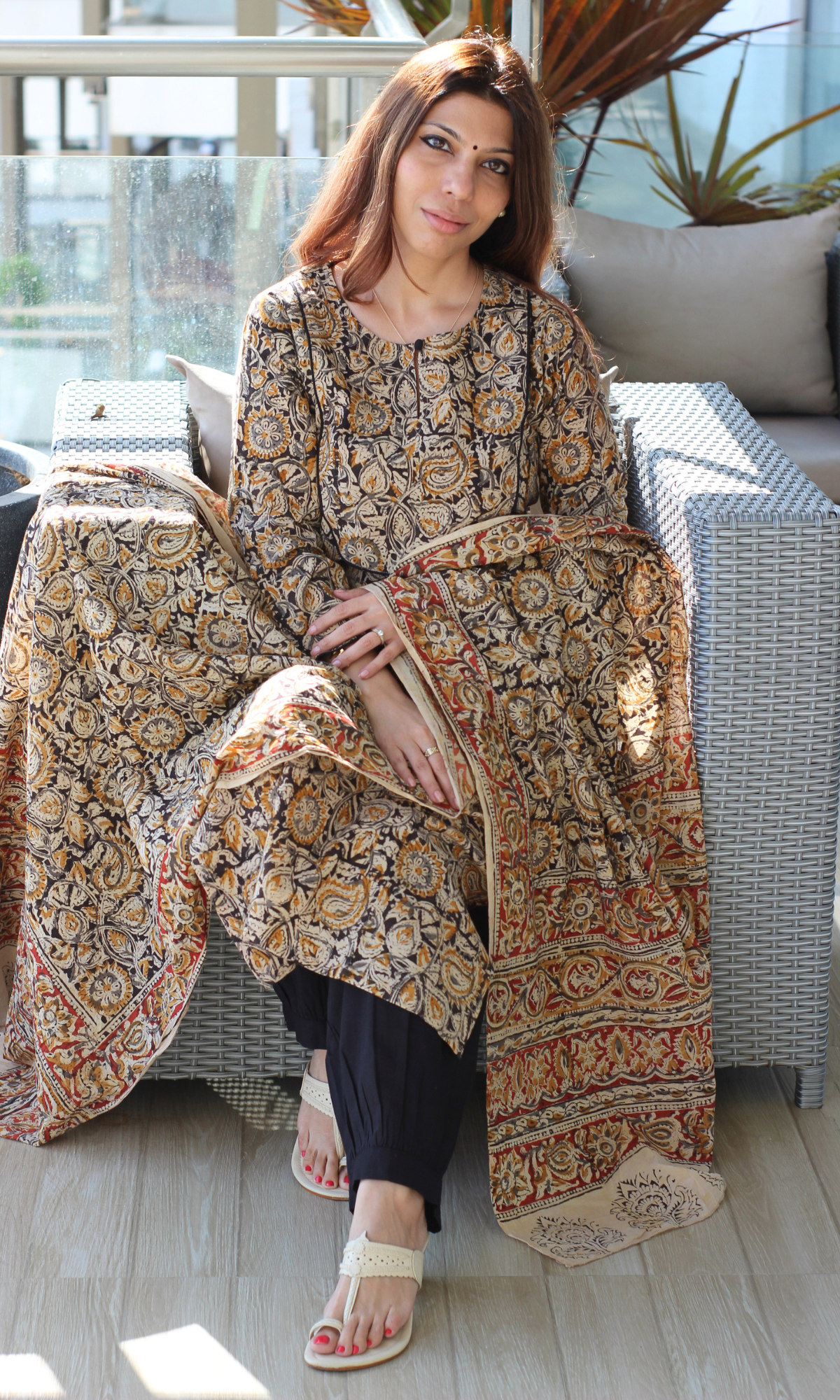 Black Handblock Kalamkari Print Kurta , Afgani Salwaar and Cotton Kalamkari Dupatta