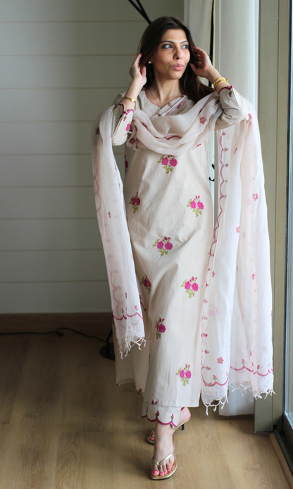 Saira Fascia Handblock Print Kurta, Pant & Kota Doria Handblock Dupatta
