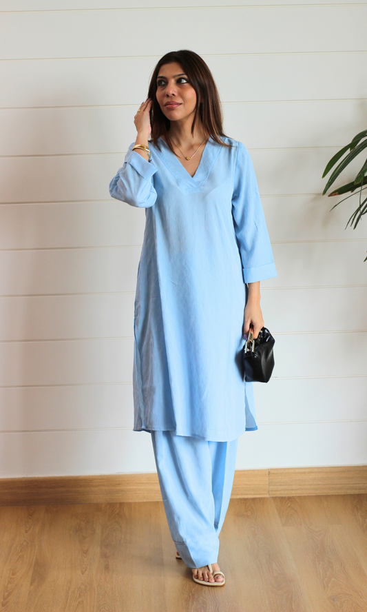 Ice Blue Textured Kurta with Farshi Salwaar