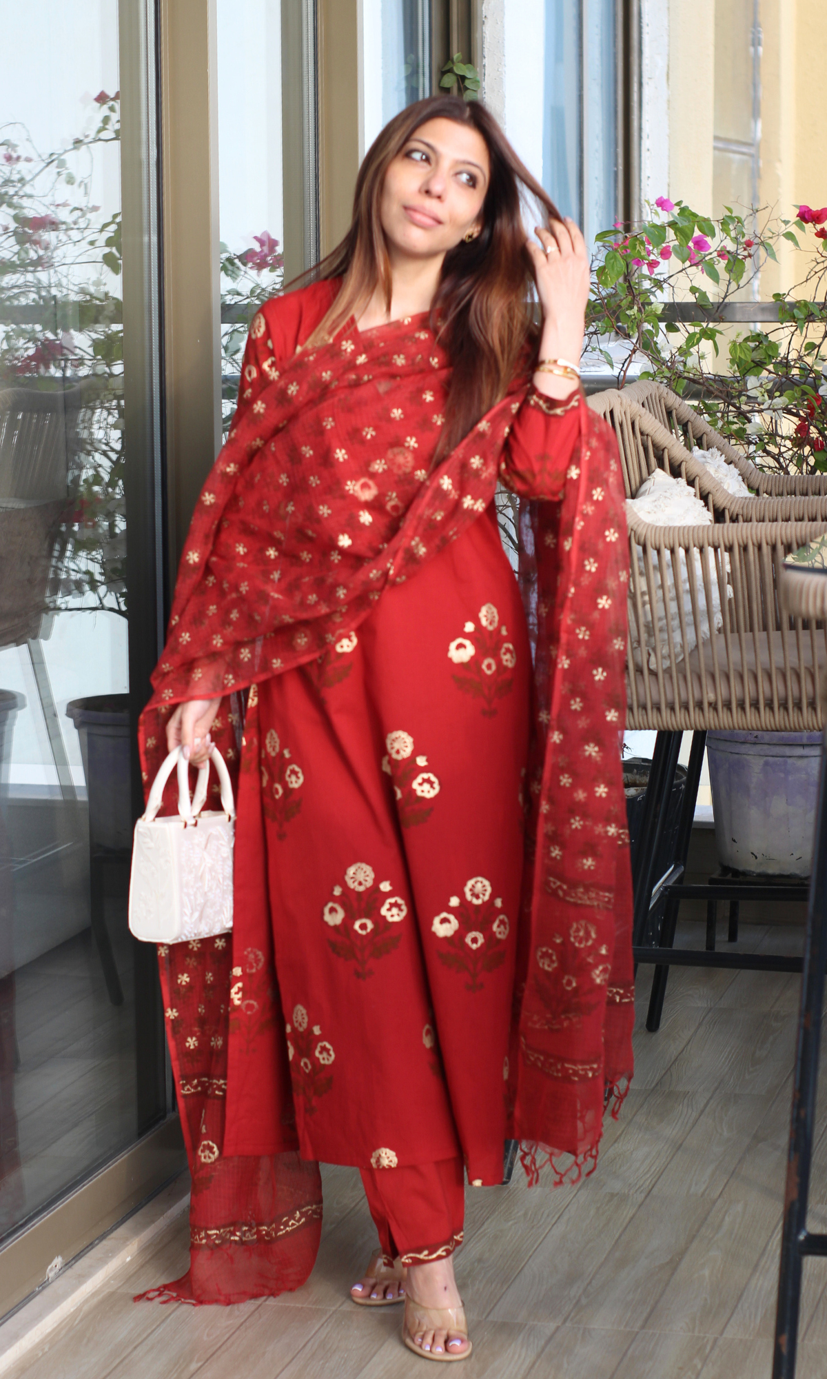 Red Rangreza Gold Handblock Mughal Print Kurta, Cotton Pants & Kota Doria Dupatta