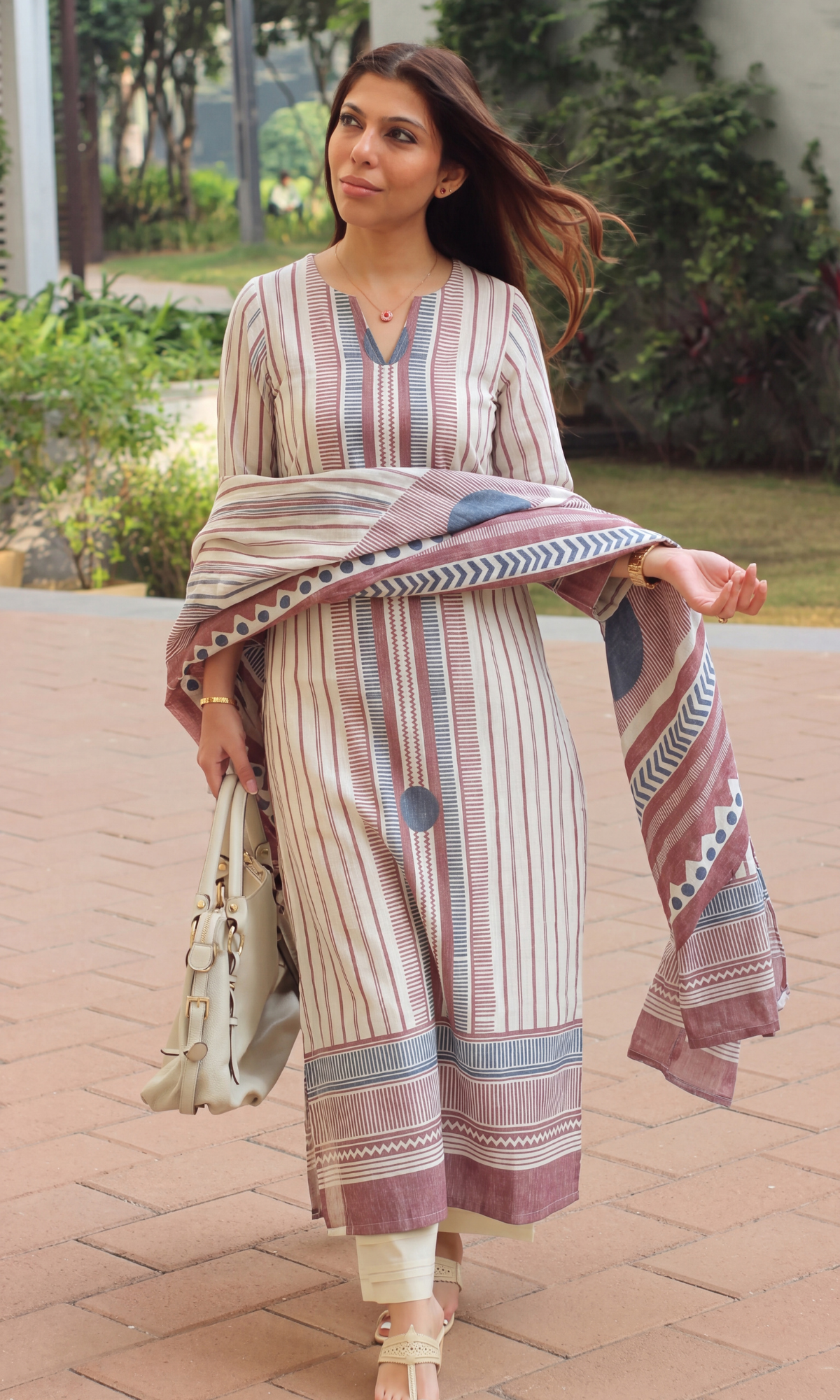Linen Blend Beige & Red Striped Print Kurta ,Dupatta with Cotton Pants
