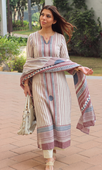 Linen Blend Beige & Red Striped Print Kurta ,Dupatta with Cotton Pants