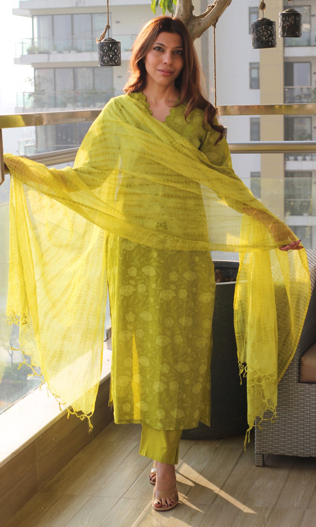 Lemon Olive Dabu Texture Cotton Kurta, Pant & Kota Doria Shibori Dupatta