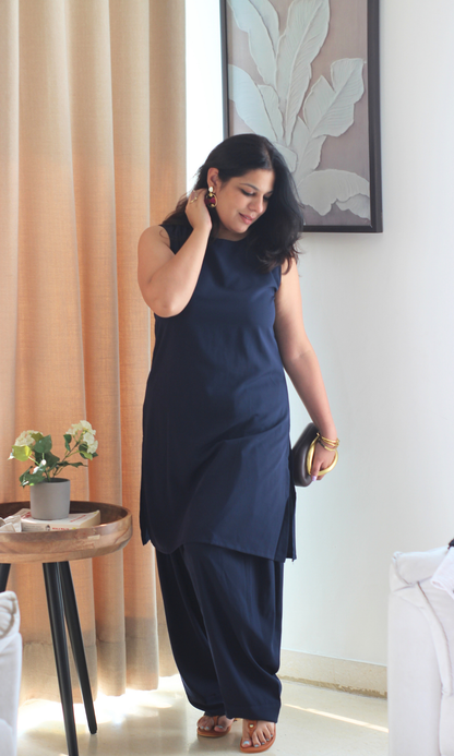 Deep Blue Glossy Boat Neck Kurta with Farshi Salwaar