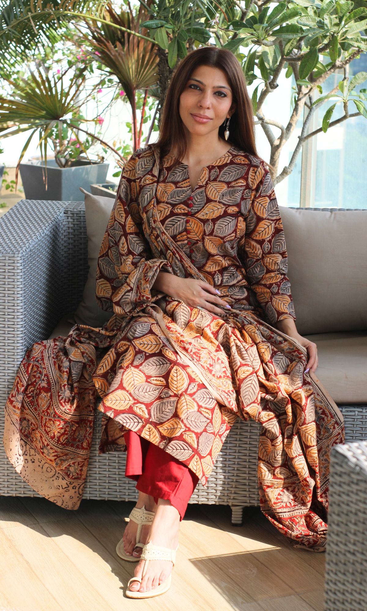 Deep Red Handblock Kalamkari Leaf Print Kurta, Dupatta & Cotton Pants