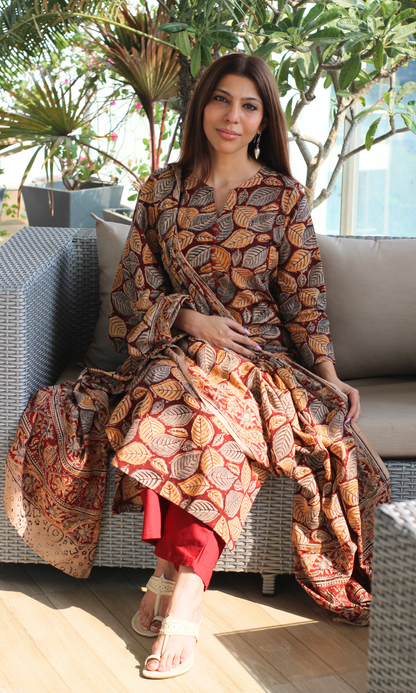 Deep Red Handblock Kalamkari Leaf Print Kurta, Dupatta & Cotton Pants