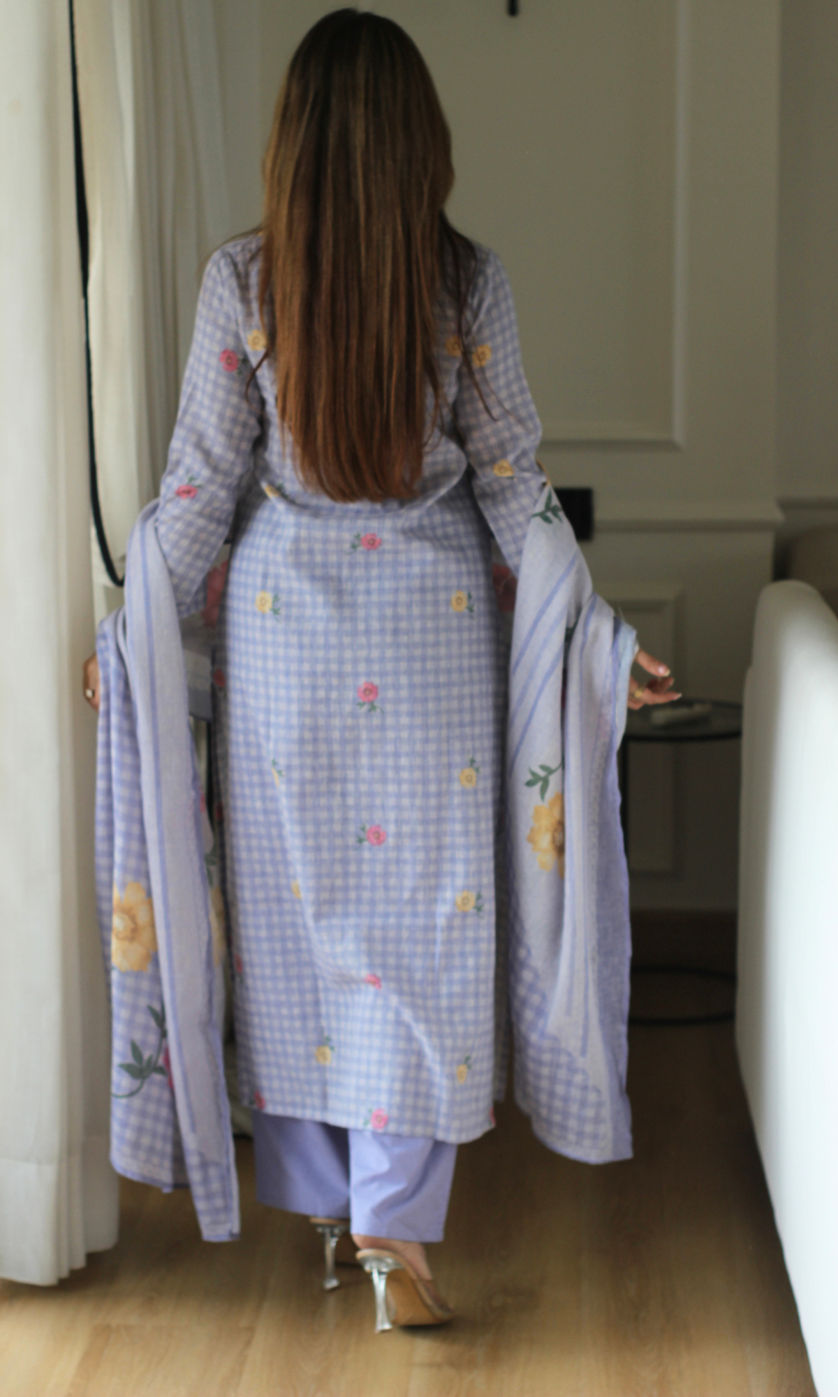 Lavender Checks Linen Blend Printed Kurta, Dupatta & Cotton Pants