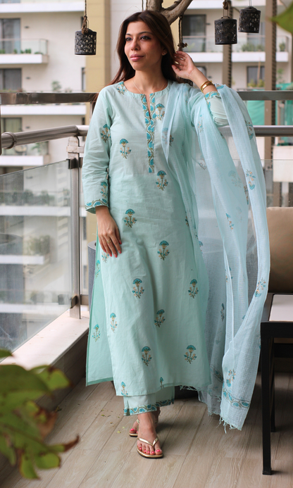 Aqua Green & Gold Mughal Print Kurta, Cotton Pants and Kota Doria Handblock Dupatta