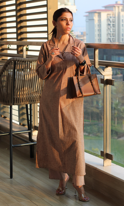 Mocha Brown Collared Striped Thread Kurta & Pant