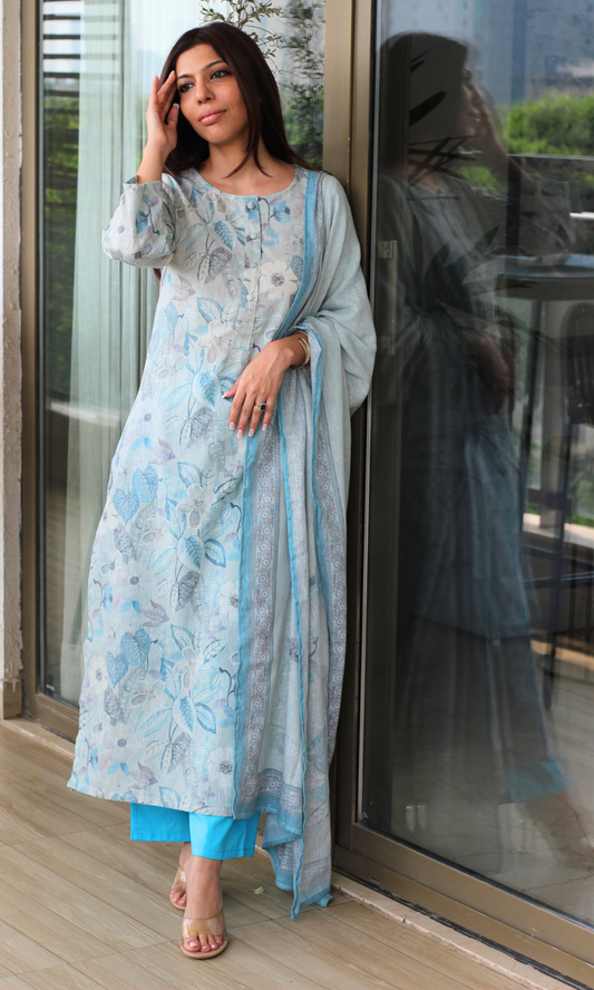 Duchessé Blue Linen Blend Printed Kurta , Dupatta & Cotton Bottoms