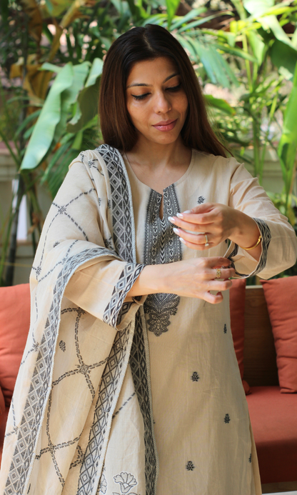 Beige & Black Loom Woven Kurta , Dupatta & Cotton Pants