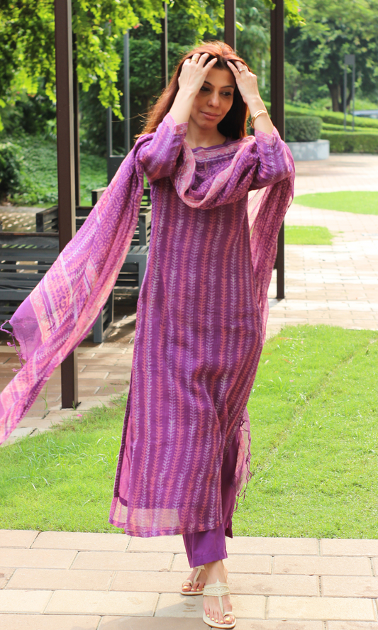 Kota Doria Plum Handblock Print Kurta, Dupatta with Cotton Pants