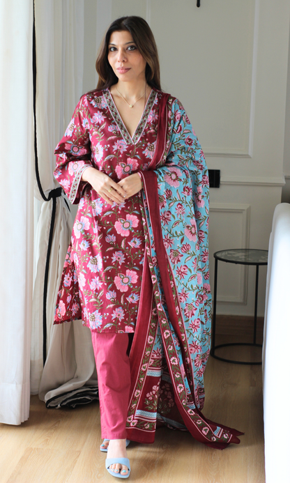 Albeli Cotton Block Printed Kurta , Dupatta & Cotton Pants