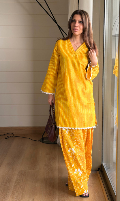 Cotton Yellow Striped Kurta with Floral Farshi Salwaar
