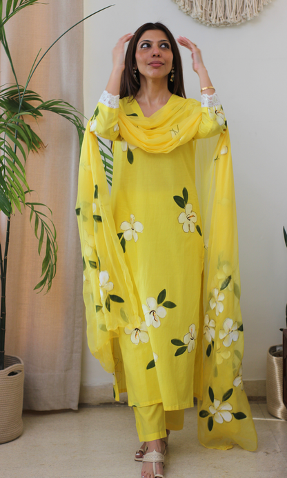 Sunshine Flora Handbrush Painted Kurta, Cotton Pants & Chiffon Handpainted Dupatta