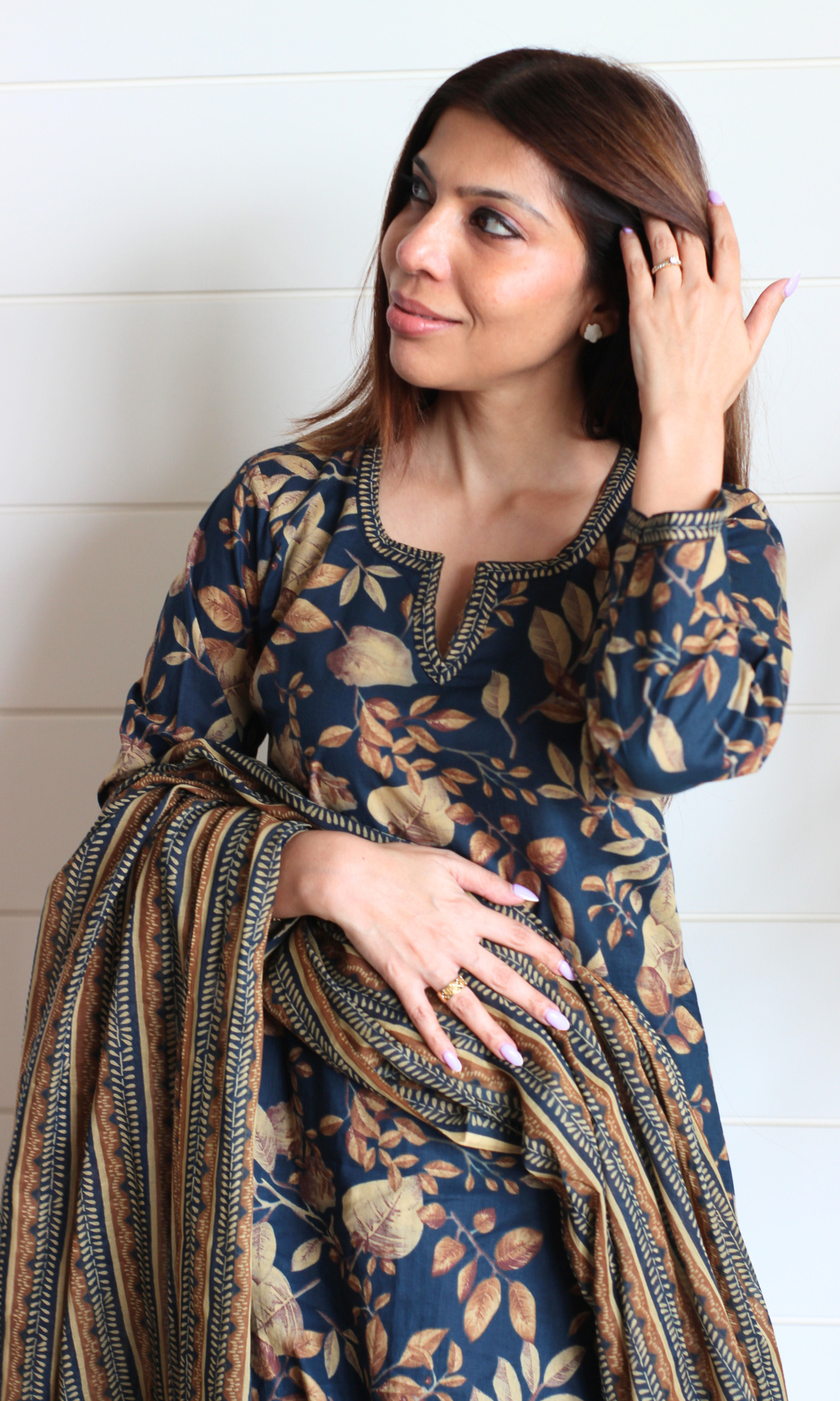 Navy Autumn Print Cotton Kurta, Pants & Printed Dupatta