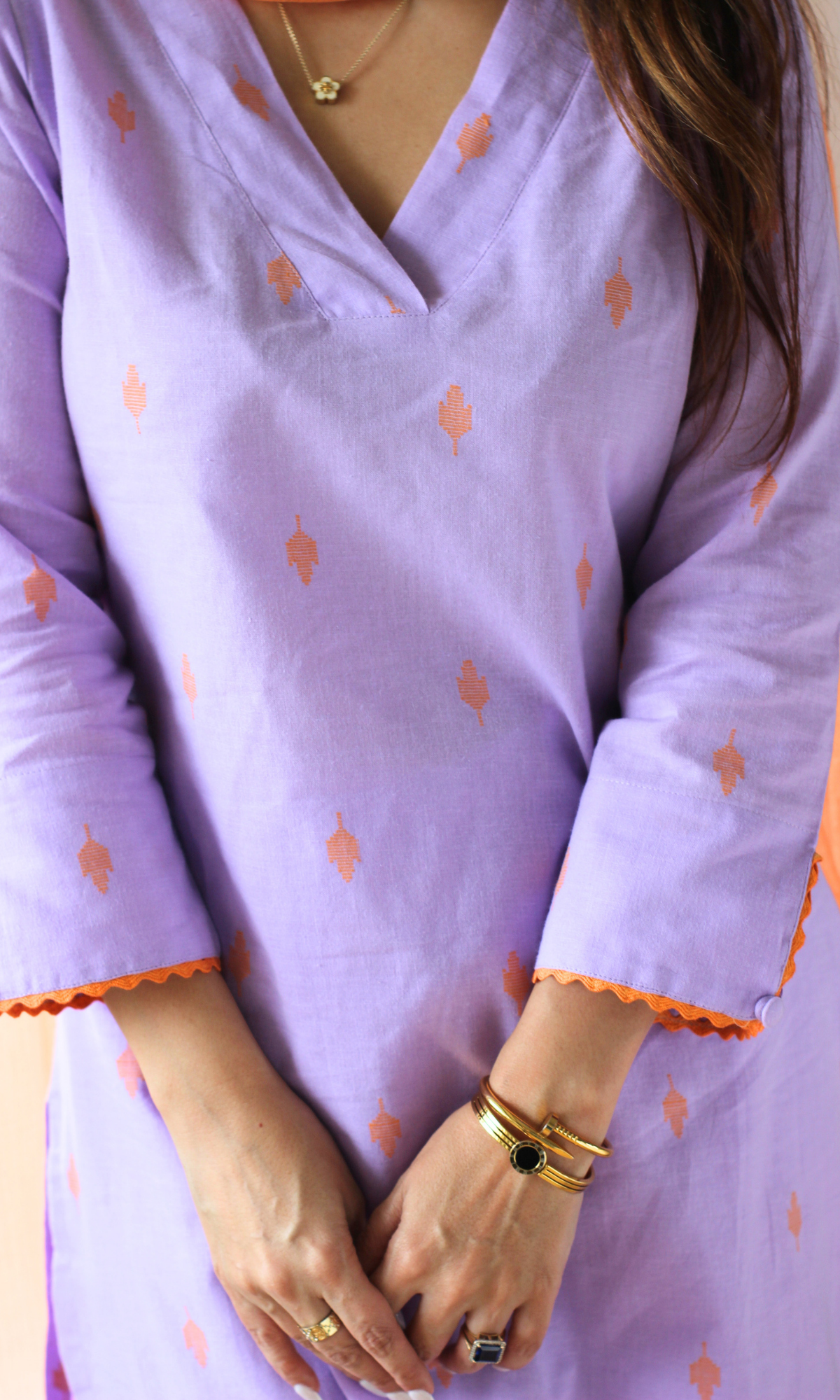 Lavender & Orange Cotton Dobby Kurta, Pant & Kota Doria Dupatta