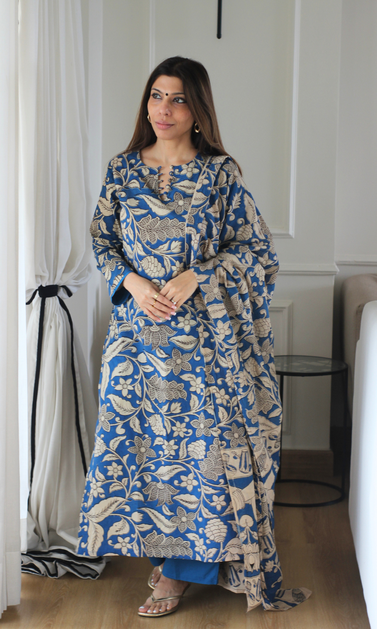 Sapphire Blue Kalamkari Kurta, Dupatta & Cotton Pants