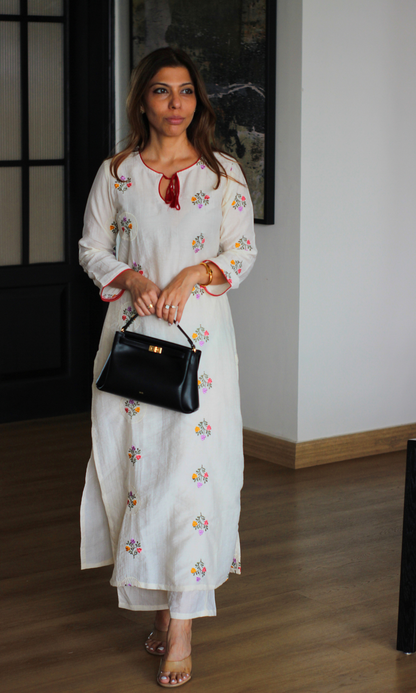 Ivory Red Embroidered Kurta & Pants