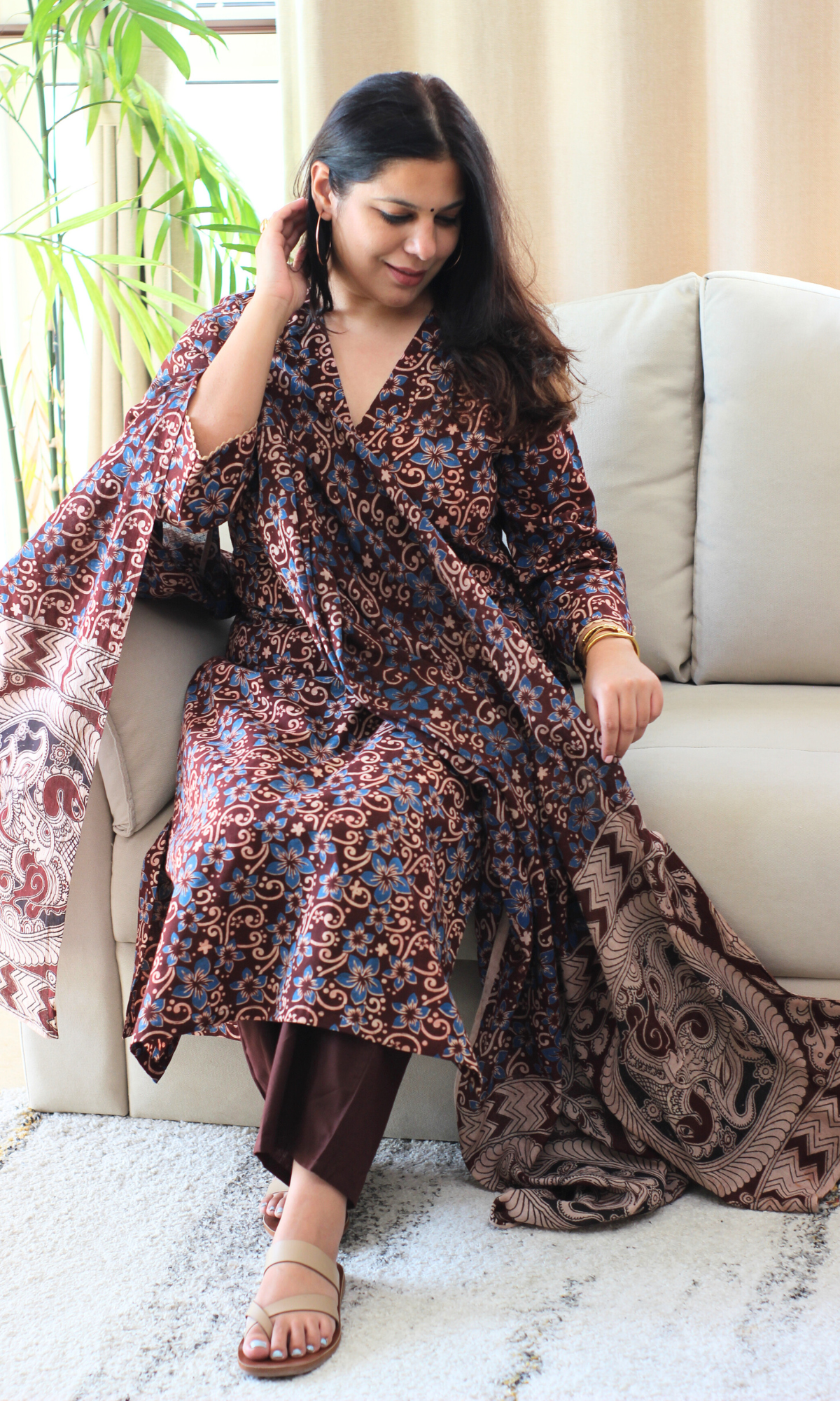 Brick Rust & Blue Handblock Kalamkari Kurta , Dupatta & Cotton Pants