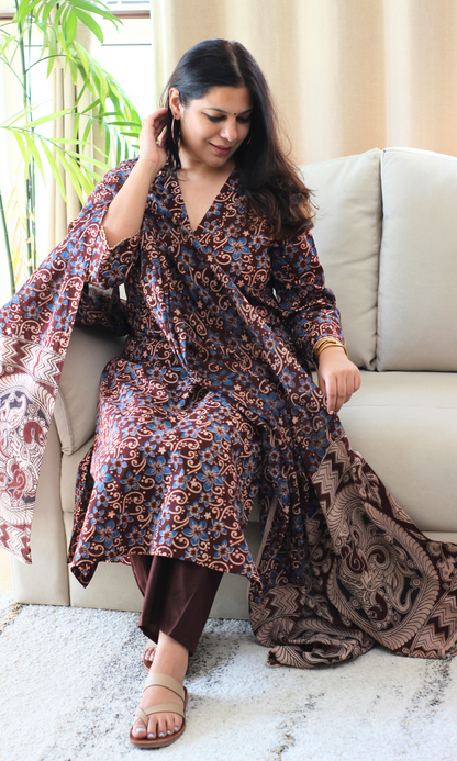 Brick Rust & Blue Handblock Kalamkari Kurta , Dupatta & Cotton Pants