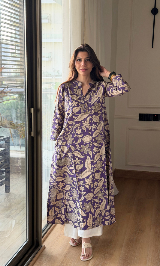 Cotton Purple & Beige Handblock Kalamkari Kali Kurta