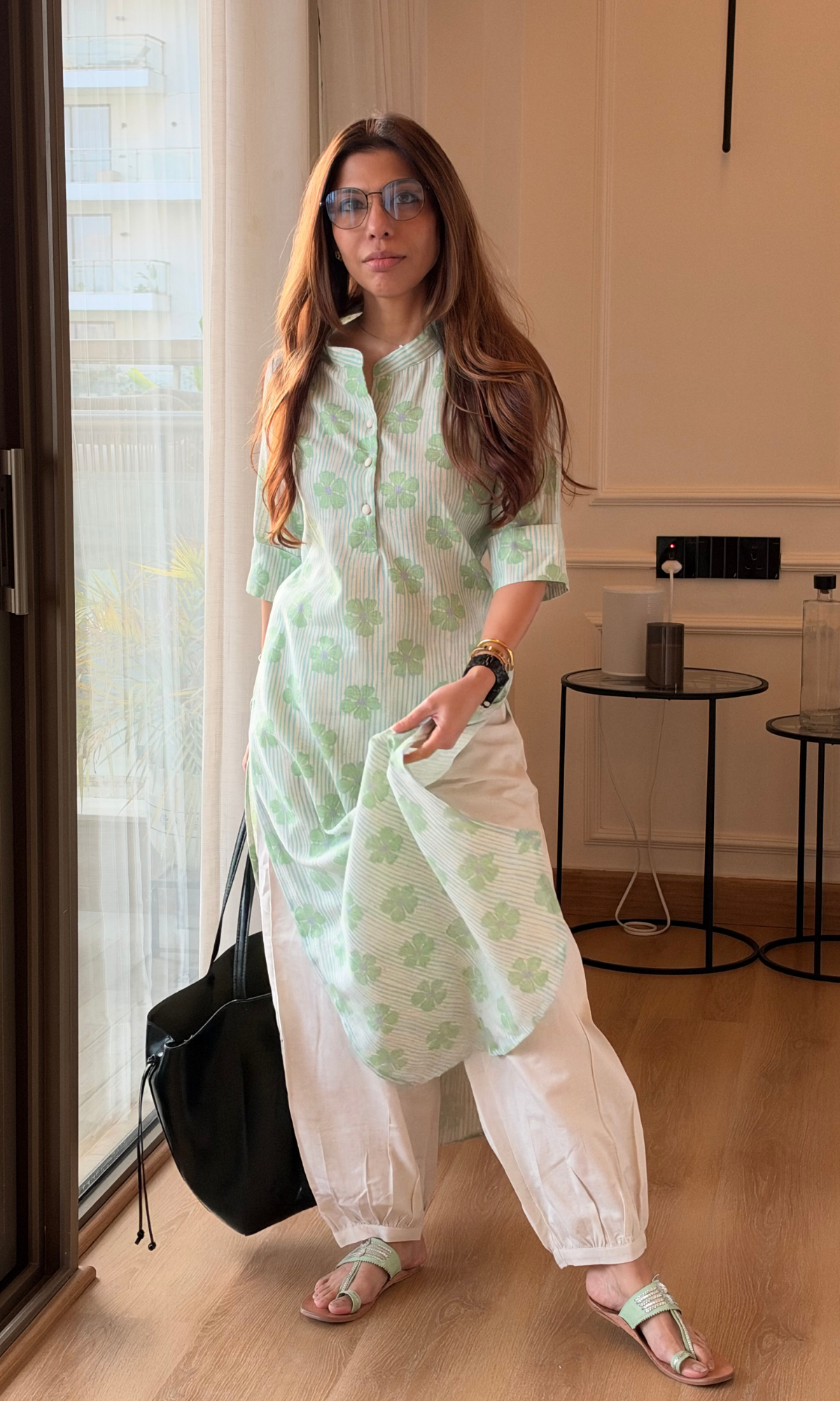 Green Striped Floral Linen Blend Kurta & Pleated Pants