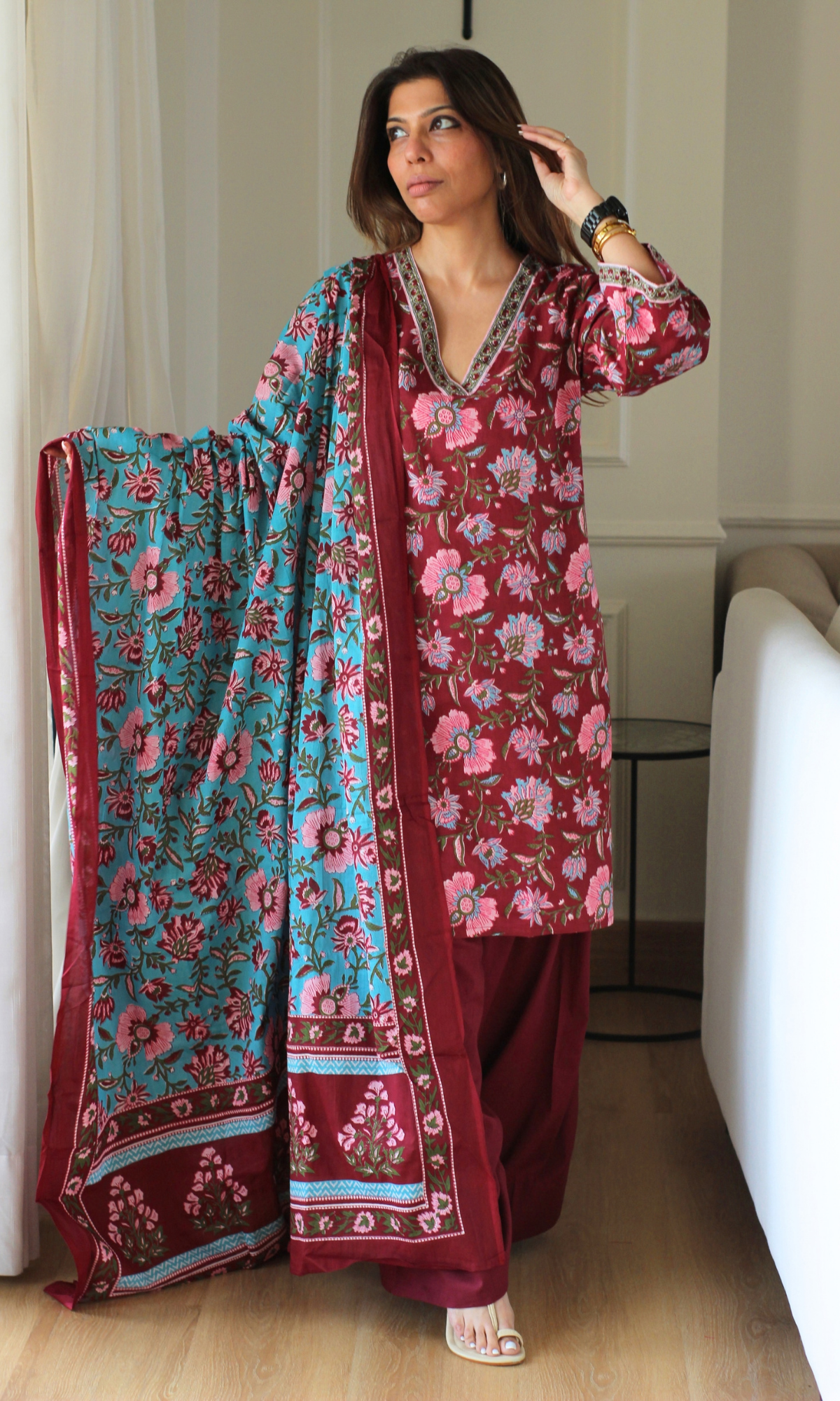 Albeli Block Print Kurta, Dupatta & Cotton Farshi Salwaar